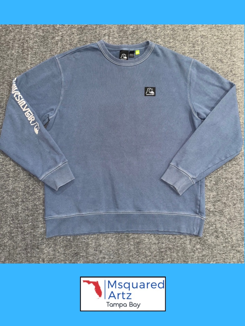 Quiksilver Men's XL Blue Crewneck Sweatshirt Logo Sleeve 100% Cotton Surf